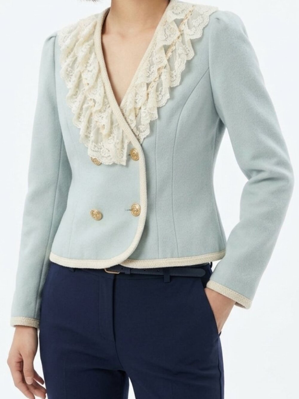 Think Closet Light Blue Lace Ruffle Double Breasted Cropped Blazer Jacket S